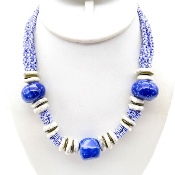 Glazed Ceramic Beaded Choker Necklace in Bright Blue and White - Picture 1 of 3